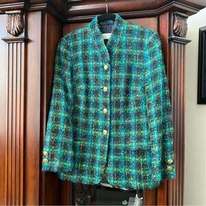 Elegance Paris Vintage Tweed Blazer Women’s XS-S Green Multicolor Gold Buttons